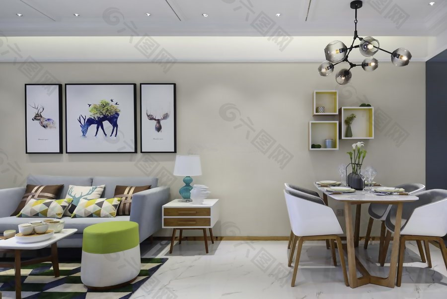 简约美式客厅餐厅墙面装饰画装修效果图