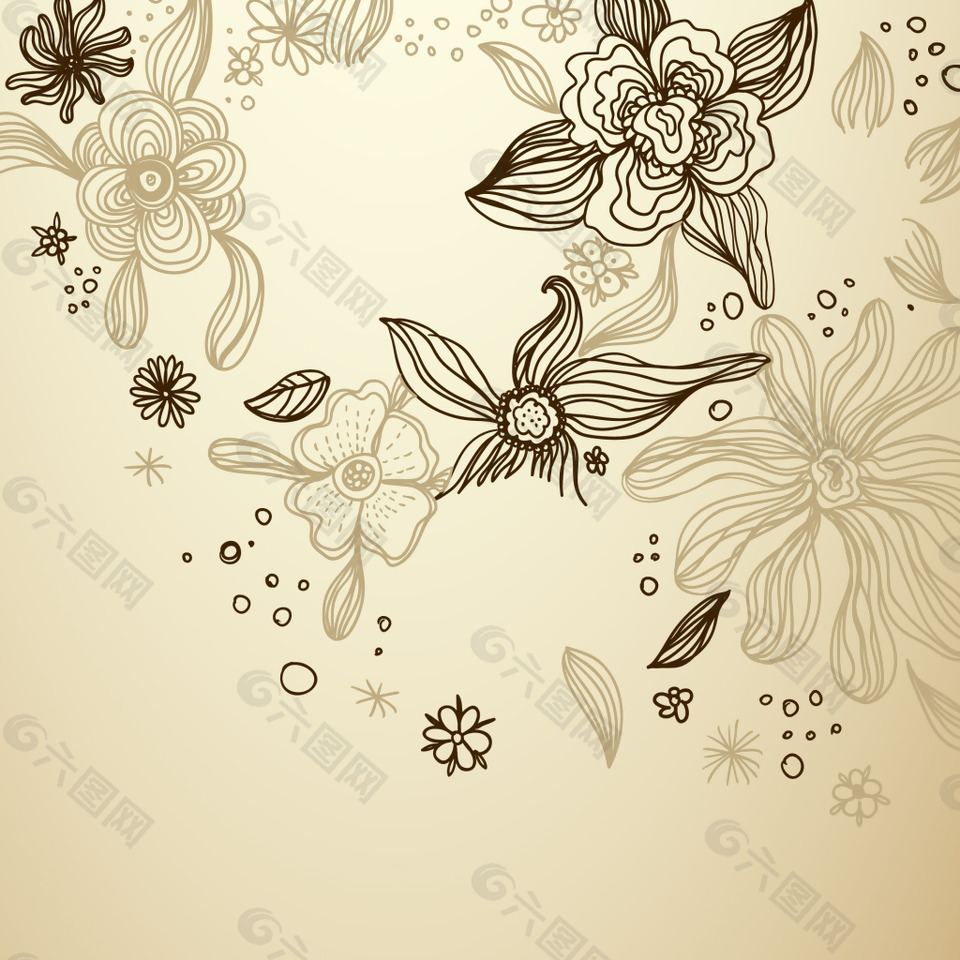 手绘褐色素描花朵米色背景
