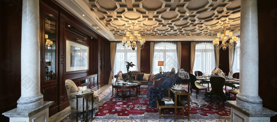 奢华贵族欧式风格会客厅用餐厅整体效果图