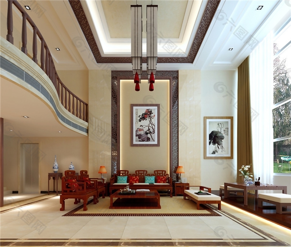 简约中国风二层复式客厅楼梯吊顶效果图