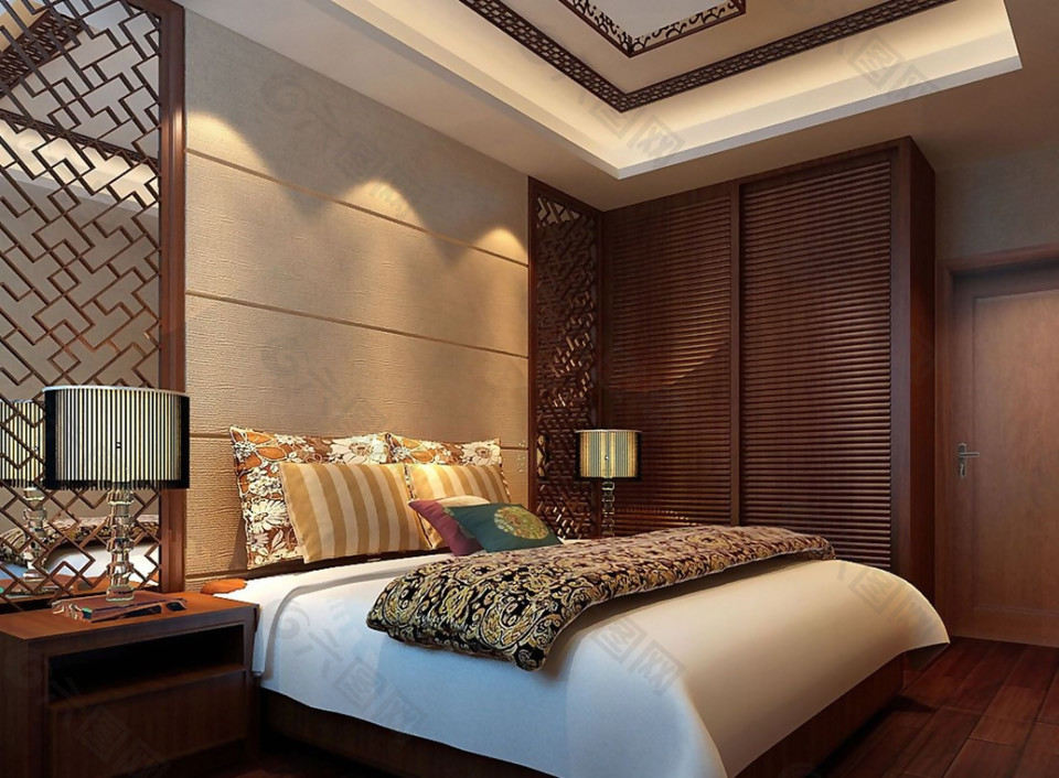 室内卧室新中式家具元素效果图装饰装修素材免费下载(图片编号