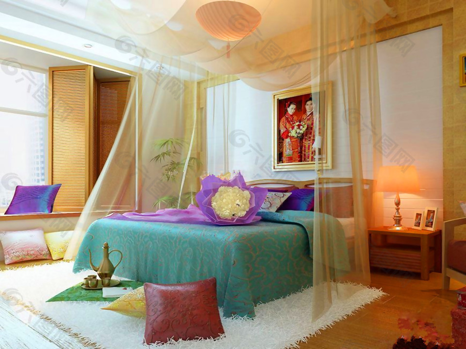 婚房卧室床缦装修布置效果图