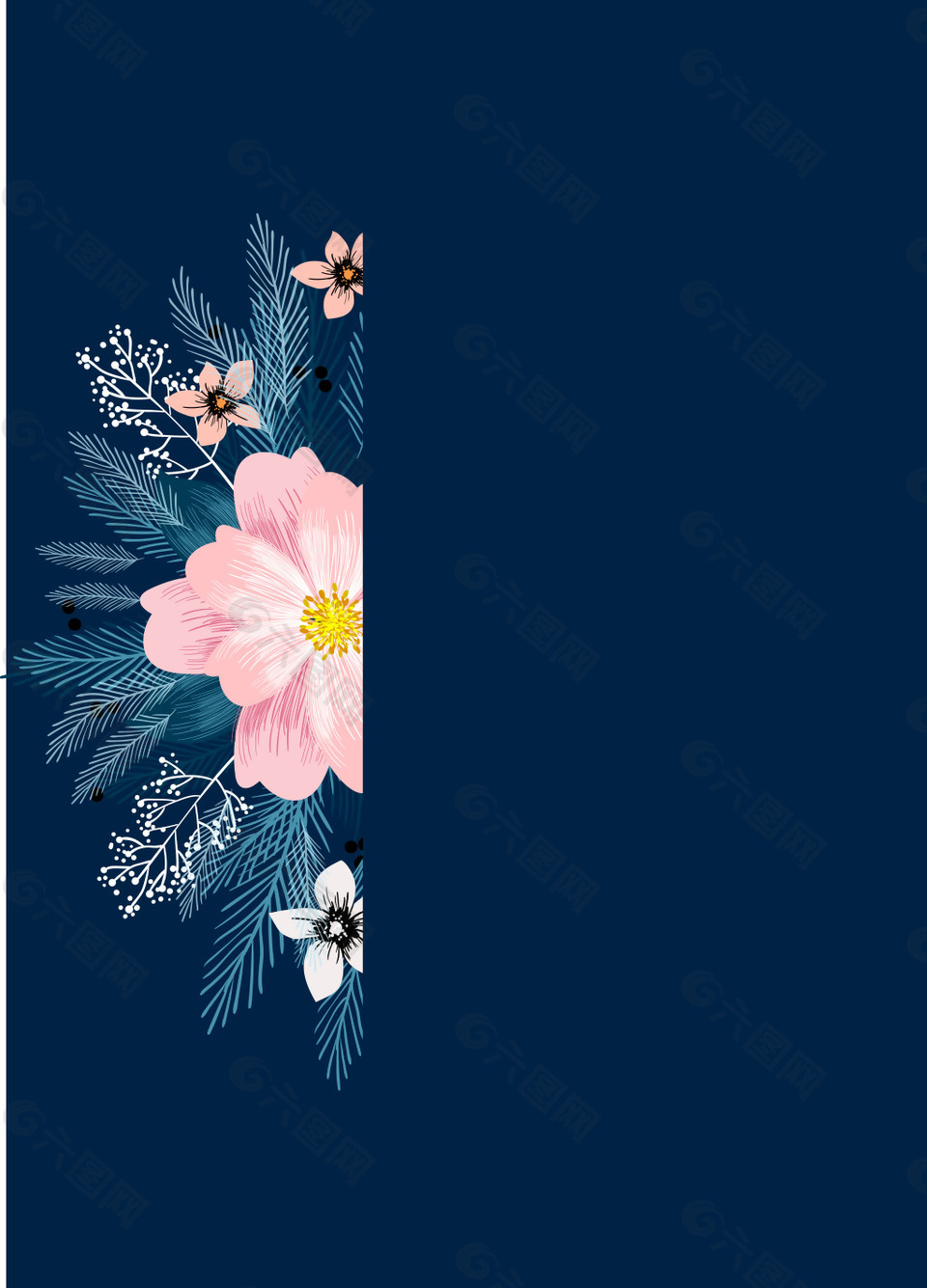 蓝底背景粉色花朵婚礼请贴背景模板