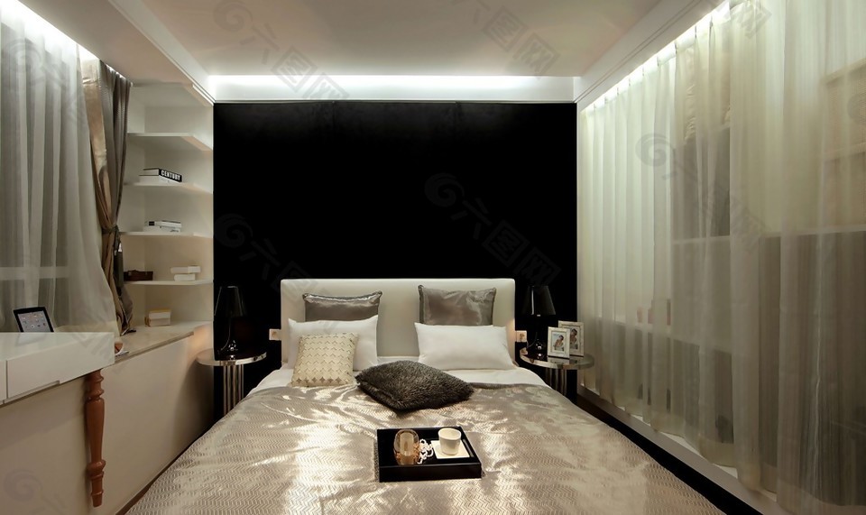 现代时尚风卧室亮色床品室内装修效果图