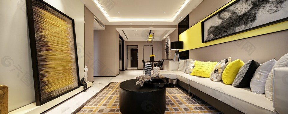 现代简约客厅黄色画作室内装修效果图