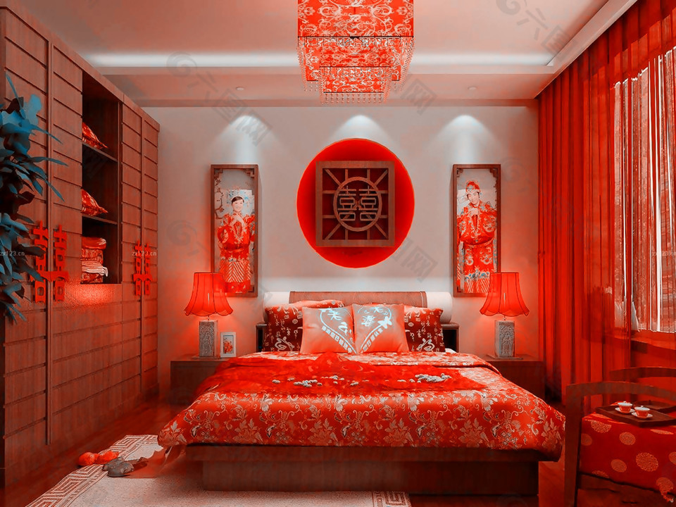 中式风格婚房布置家装效果图