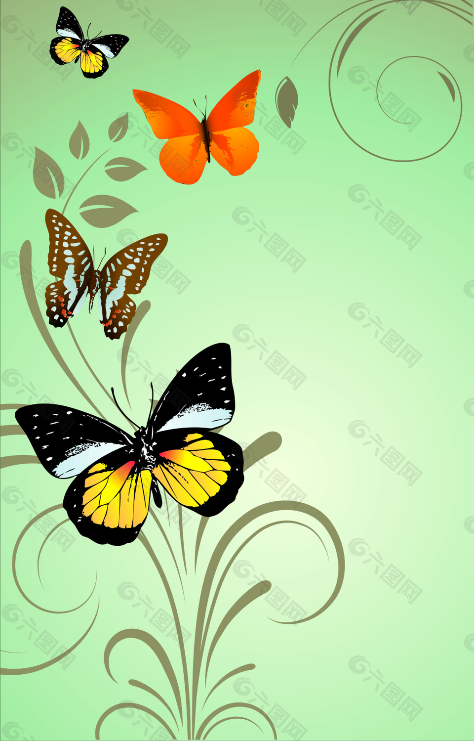 淡蓝色藤曼上的彩色蝴蝶背景素材