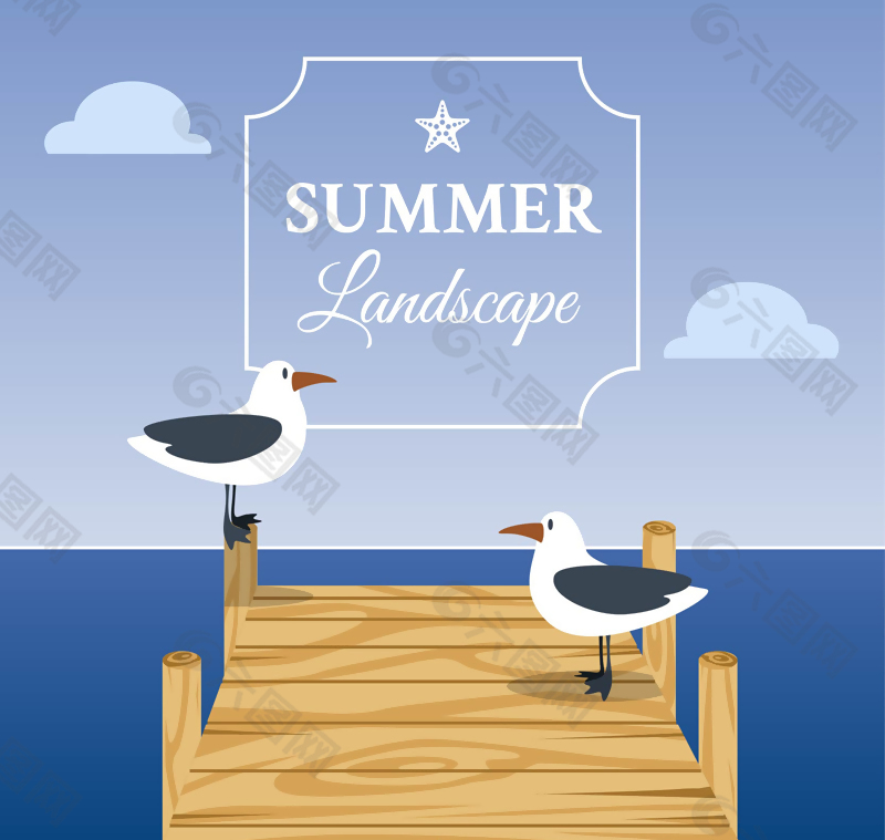 夏季海边木桥上的海鸥矢量