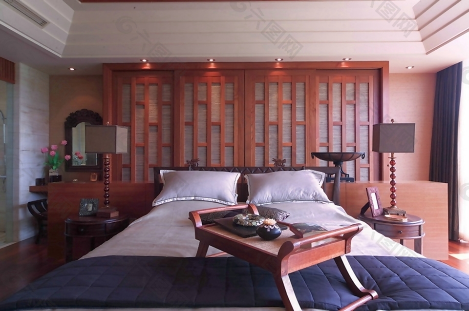 古朴简约大气风格卧室红木背景墙别墅效果图设计