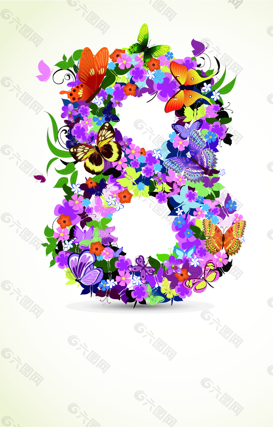 彩色花朵和蝴蝶围成的8背景素材