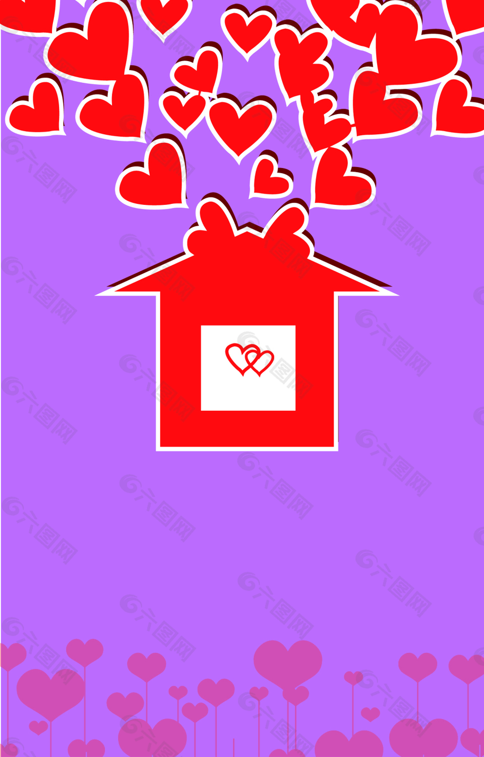 红色房子礼盒上的桃心背景素材