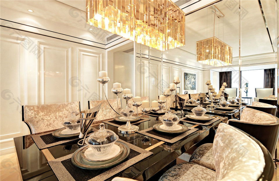 欧式餐厅豪华水晶灯餐桌装修效果图