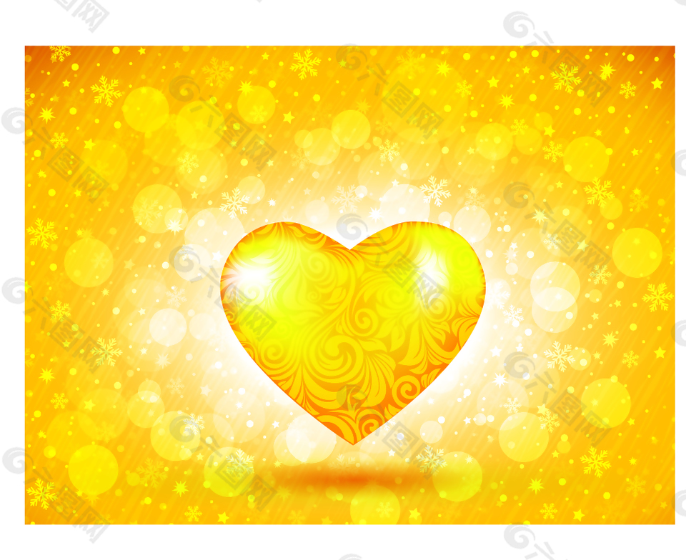 金黄色爱心上的光晕和花纹背景素材