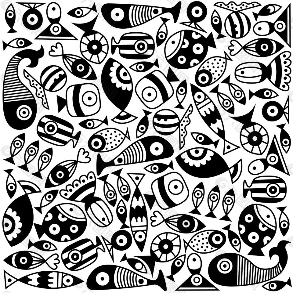 鱼抽象画黑白简单线条图片