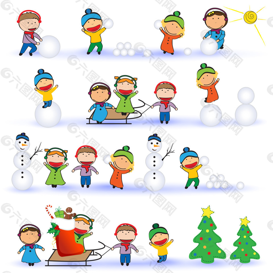 堆雪人圣诞树卡通动物与儿童矢量素材