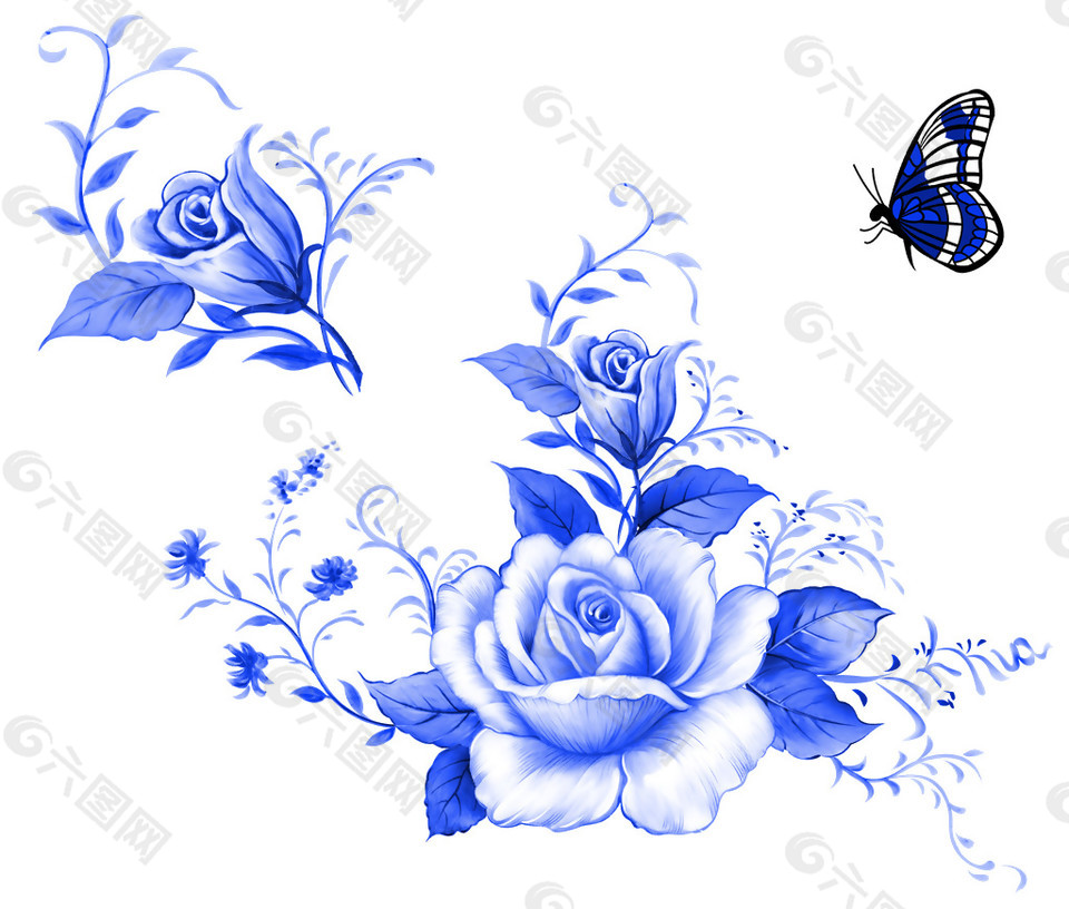 青花瓷花朵蝴蝶素材图片