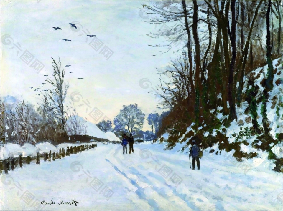 美丽冬日雪地乡村风景油画背景墙素材