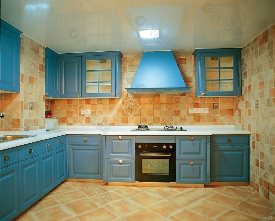 蓝色厨房地砖效果图