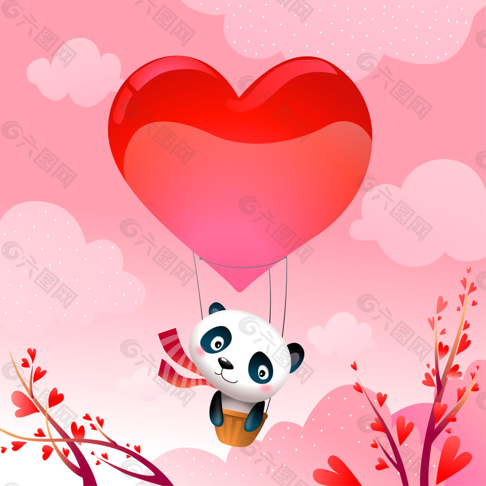 童趣卡通熊猫爱心热气球矢量背景