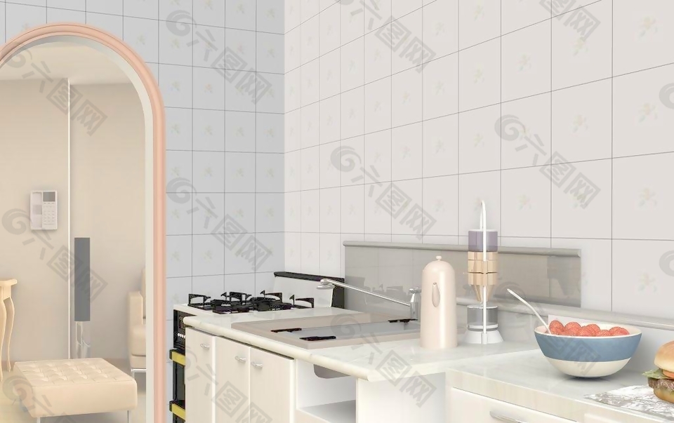 现代简约厨房瓷砖装修效果图