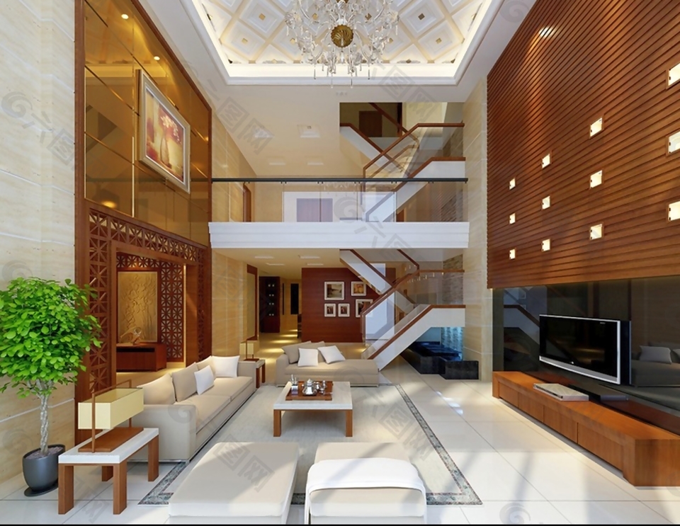 现代豪华客厅电视墙楼梯3d模型效果图