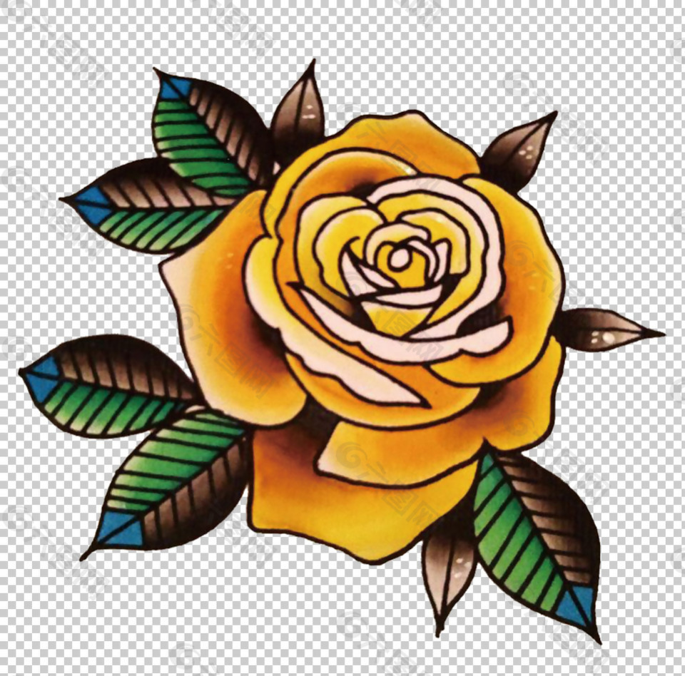 手绘黄色玫瑰纹身免抠png透明图层素材