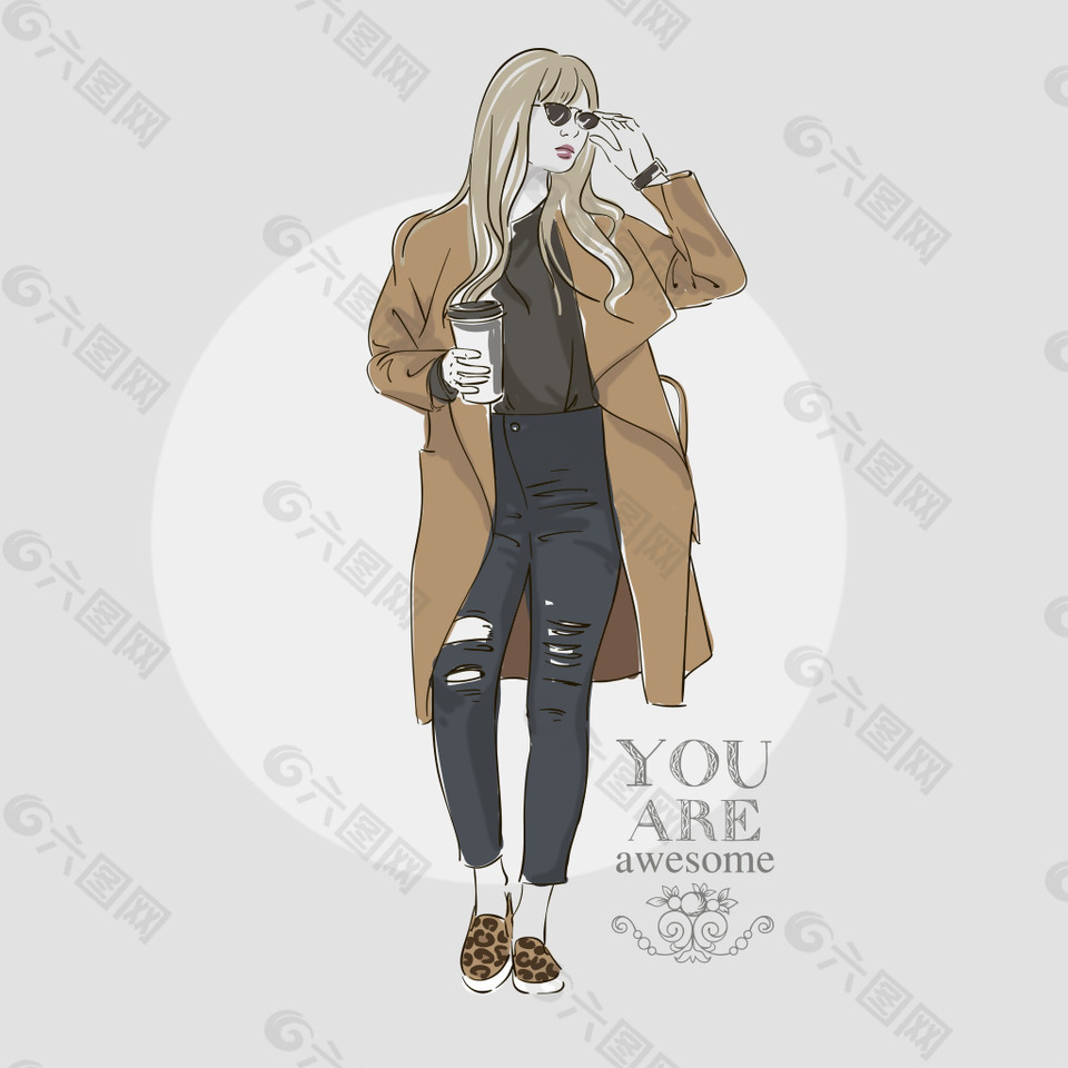 手绘拿咖啡的女人插画