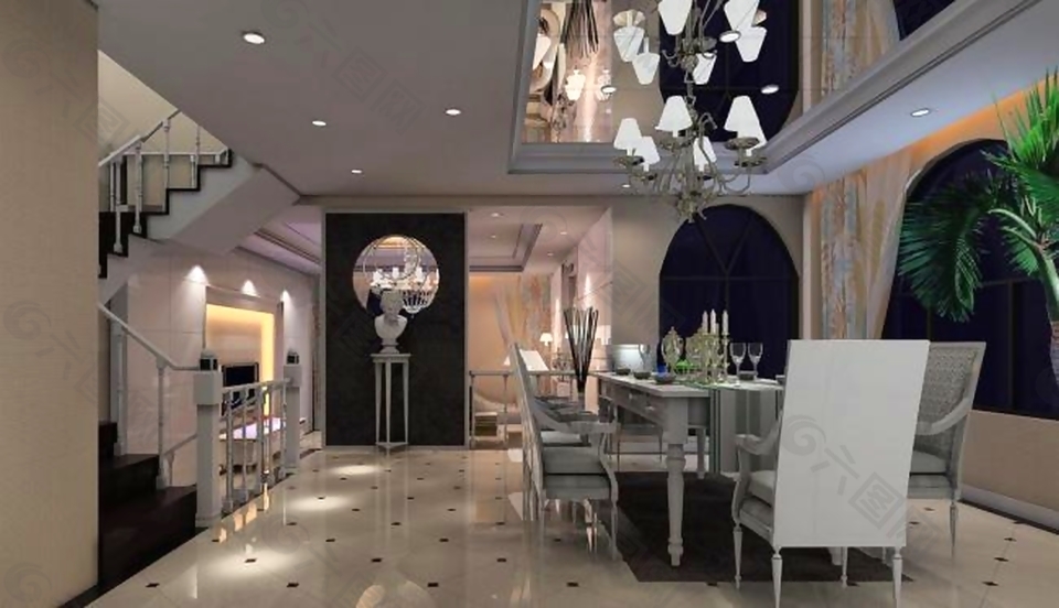 现代时尚室内餐厅地砖吊灯楼梯效果图