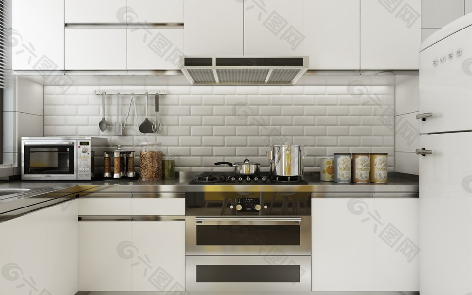 简欧时尚厨房白色砖墙装修效果图