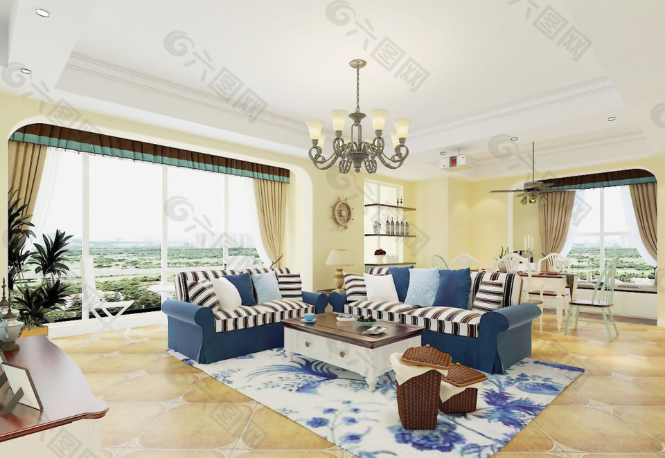 地中海风格客厅沙发餐桌家具摆放装修效果图
