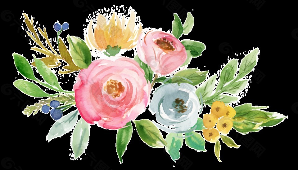 春天水墨透明手绘鲜花素材