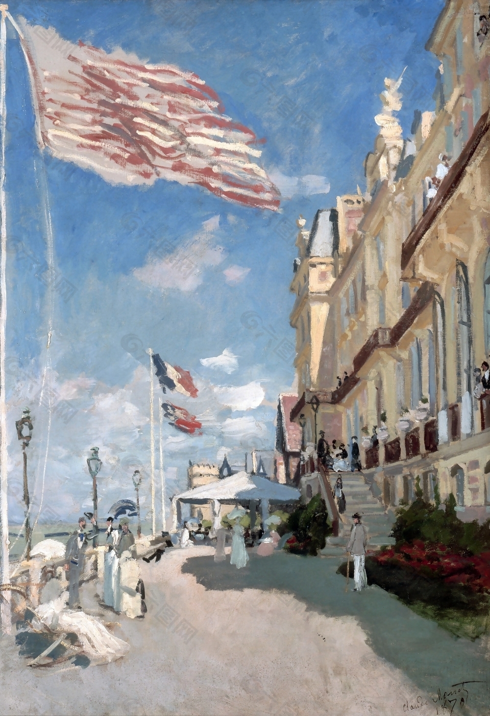 旗帜飘扬的街道油画城市风景装饰画