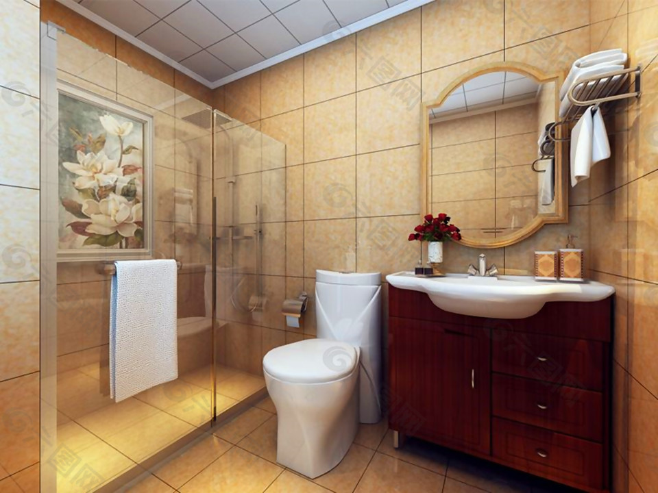 2017美式卫生间浴室玻璃隔断荷花装饰画效果图