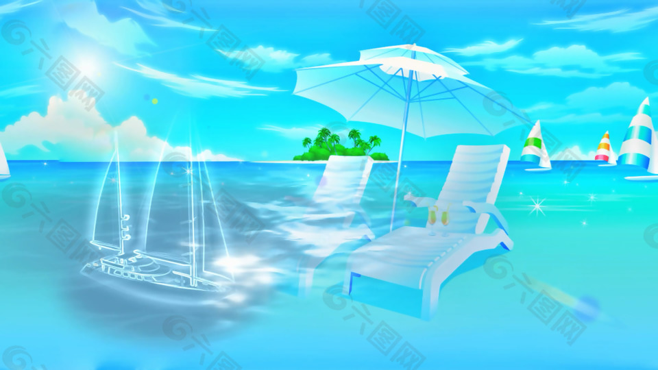 清凉夏威夷海滩太阳伞帆船视频素材