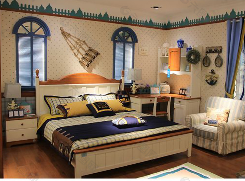 地中海儿童房海军风壁纸卧室效果图图片