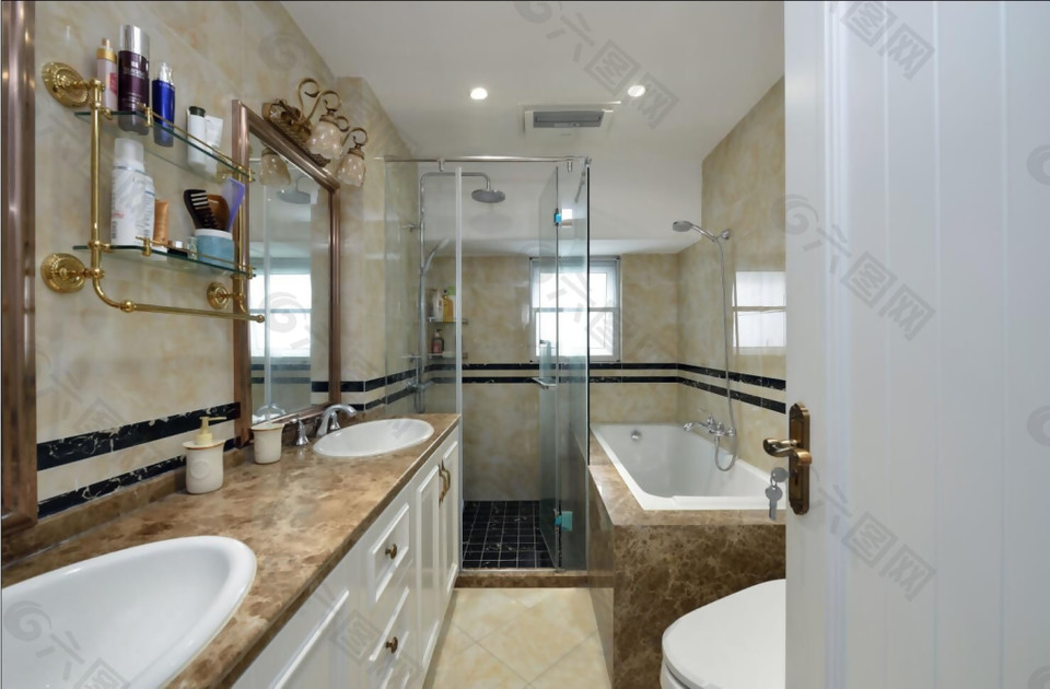 欧式别墅卫生间大理石包裹浴缸装修效果图