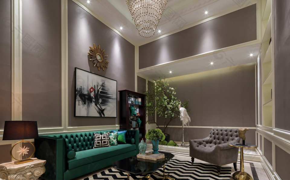 沉稳风欧式客厅装饰画绿沙发装修效果图
