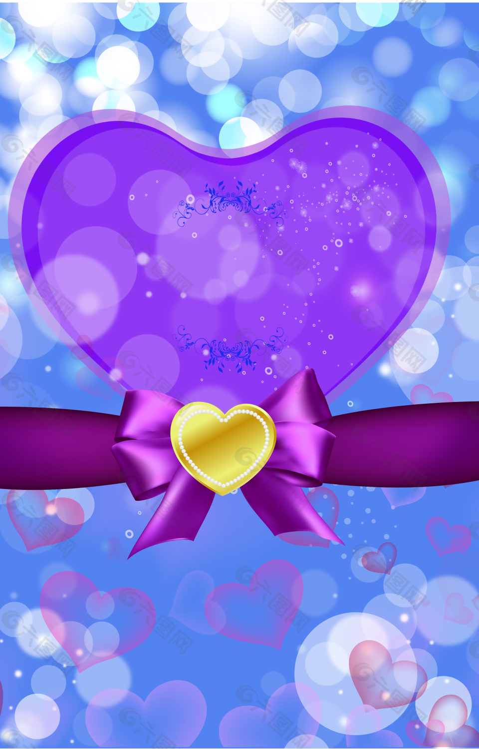 紫色爱心下的蝴蝶结背景素材