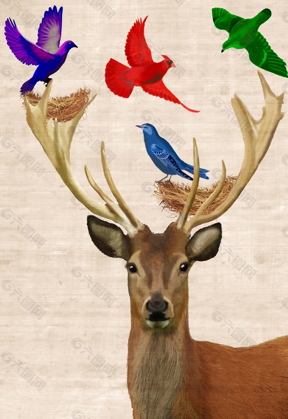 麋鹿头顶四只彩色小鸟装饰画