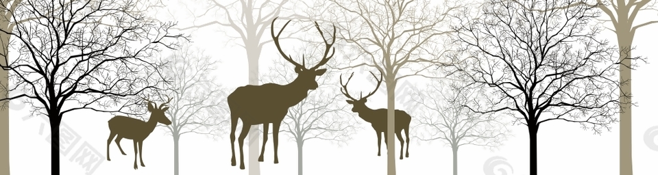 手绘树木森林麋鹿动物装饰画