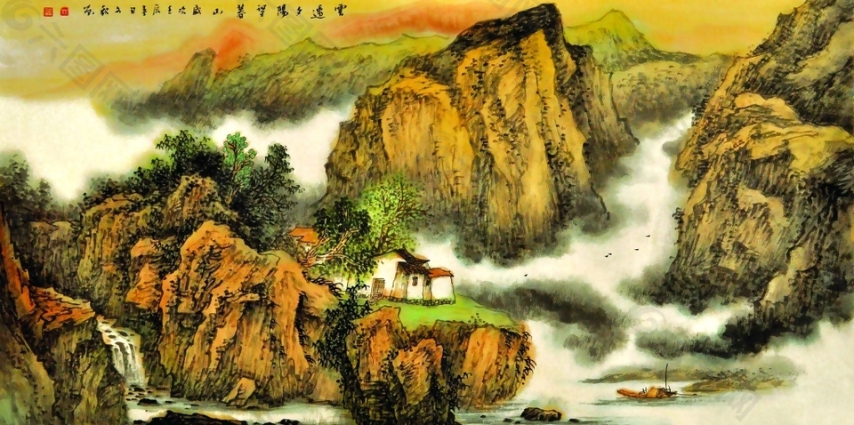 彩色彩绘装饰山水画高清风景装饰画