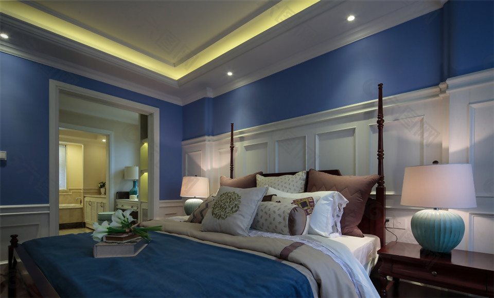 简约风室内设计卧室蓝色背景墙效果图