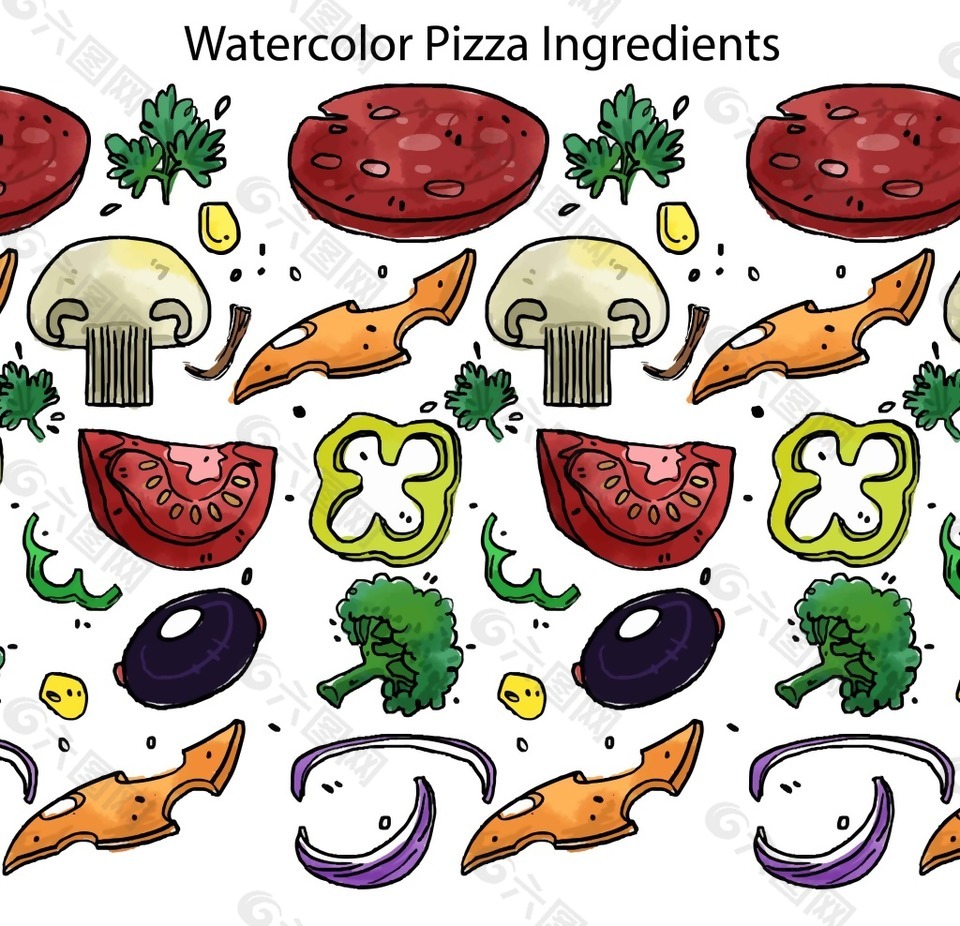 手绘披萨食材插画背景