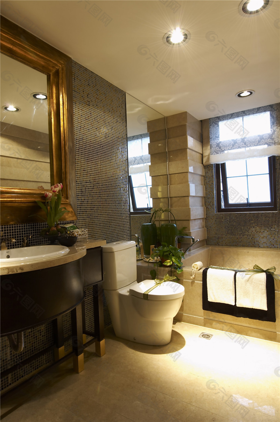 欧式室内卫生间马桶洗手盆射灯装修效果图