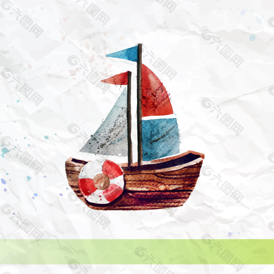 手绘水彩帆船褶皱纸张复古卡片背景