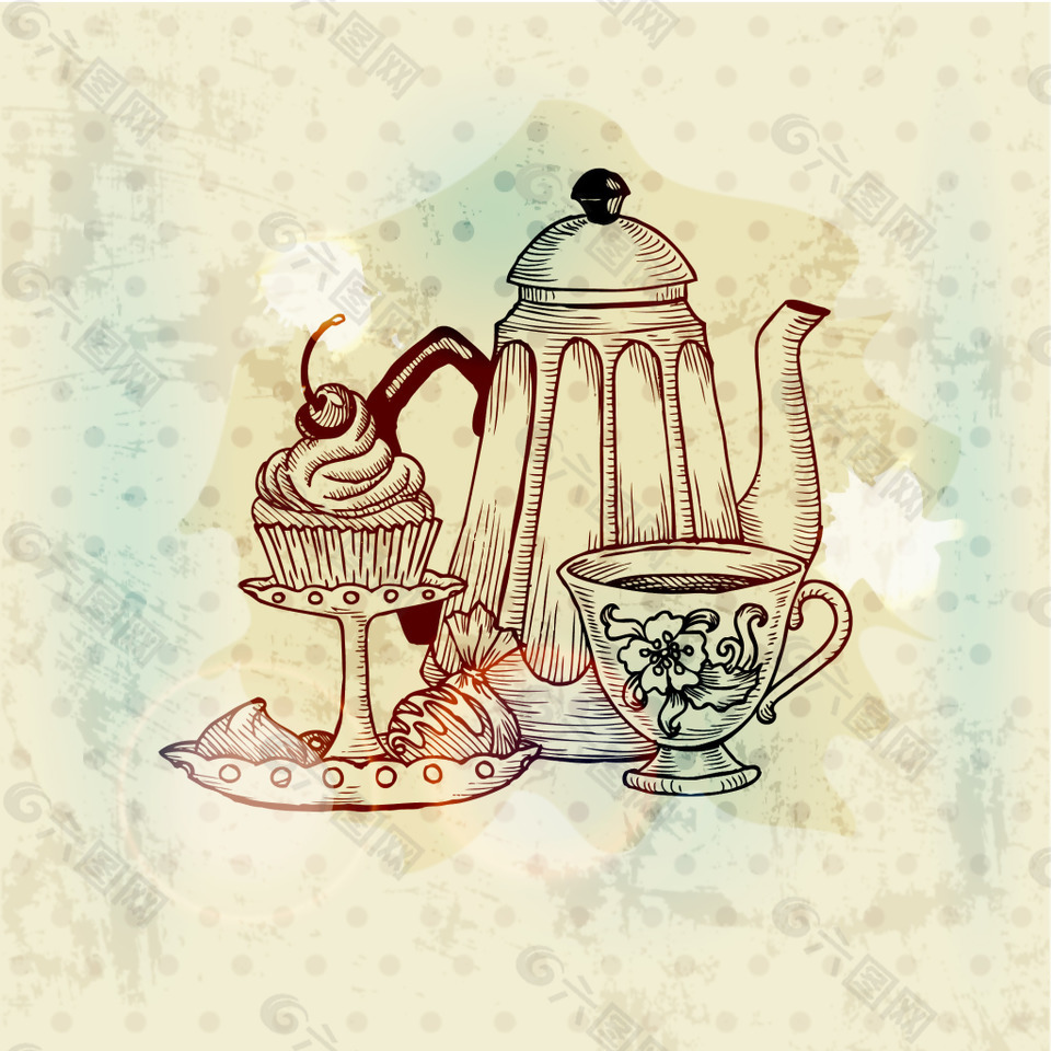 手绘素描水壶茶杯背景