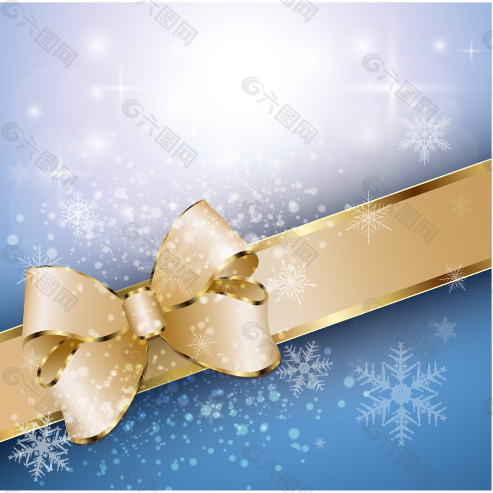 梦幻金色飘带蓝色雪花背景