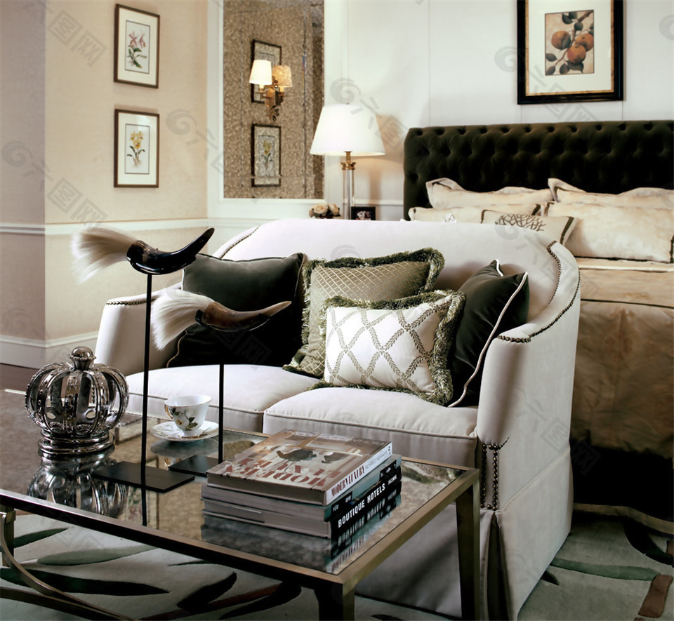 现代时尚风格卧室白色沙发椅室内装修效果图