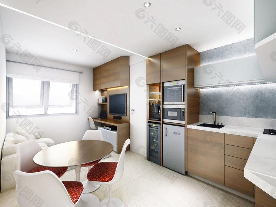 30平米一居室简约家装小户型客厅餐厅厨房一体效果图