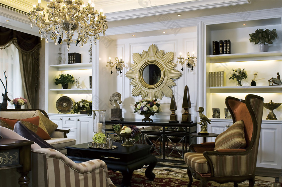 现代简约时尚客厅深色条纹椅室内装修效果图